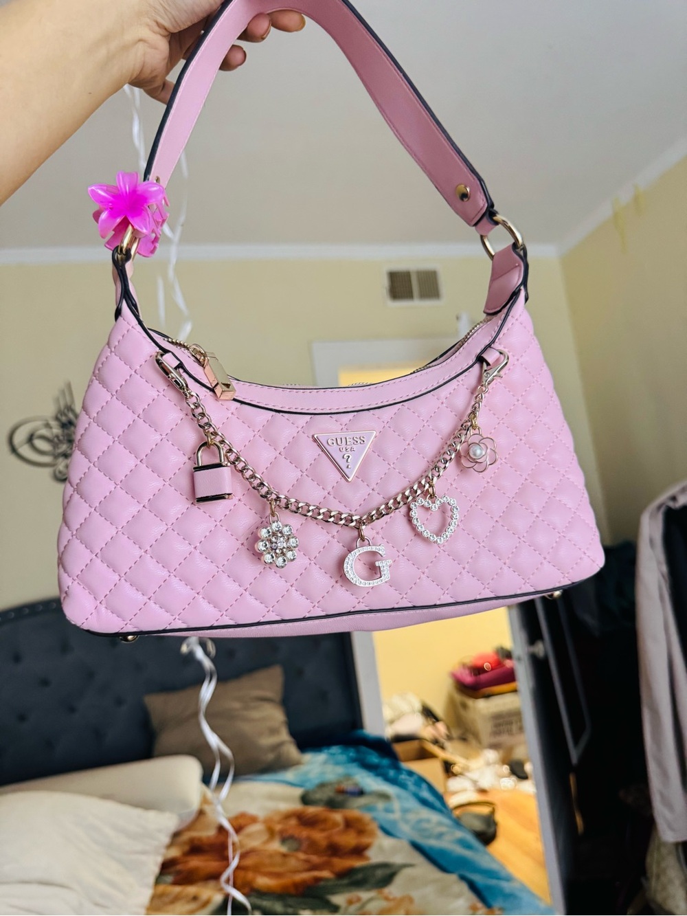 GUESS Pink Quilted Shoulder Bag with Gold-Tone Charm Chain